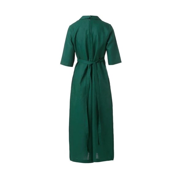 Linen Casual Wide Leg Relaxed Collar V Neck Short Sleeve Jumpsuit Zip M Green - Picture 3 of 12